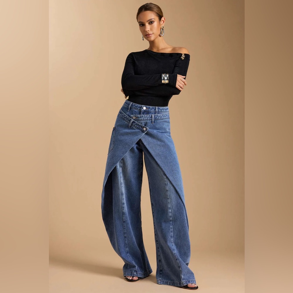 High-Rise Blue Crossover Wide-Leg Jeans - Picture 5 of 6